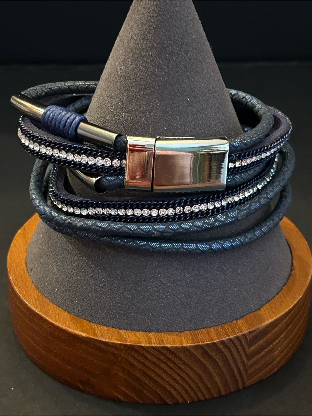 Navy and Silver Multi-Strand Faux Leather Wrap Bracelet w/Magnetic Clasp NWT